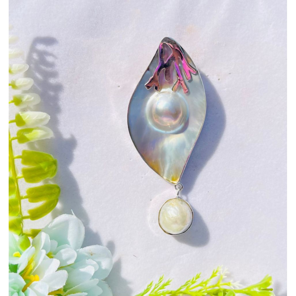 Bros perak kerang mutiara air laut baroque/bros perak handmade/bros perak Mutiara laut