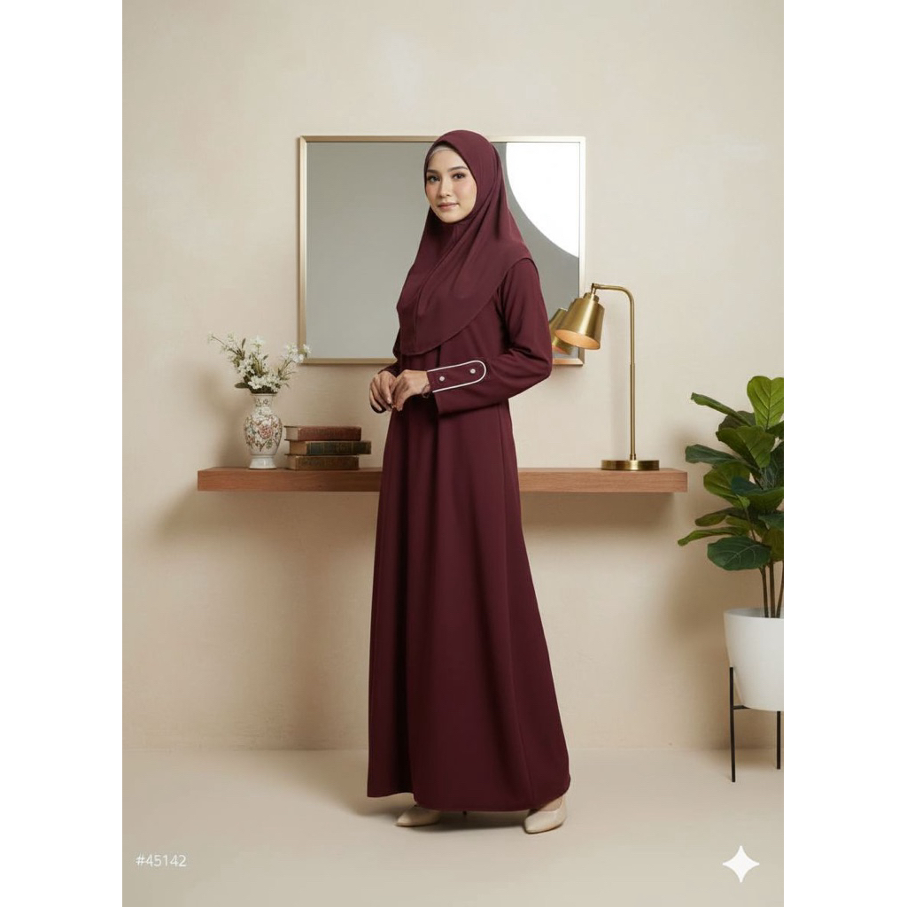 Gamis Polos tren 2025 Cream Elegan Bahan sambiran anti uv Premium Lengan Kancing Modern Gamis Muslim