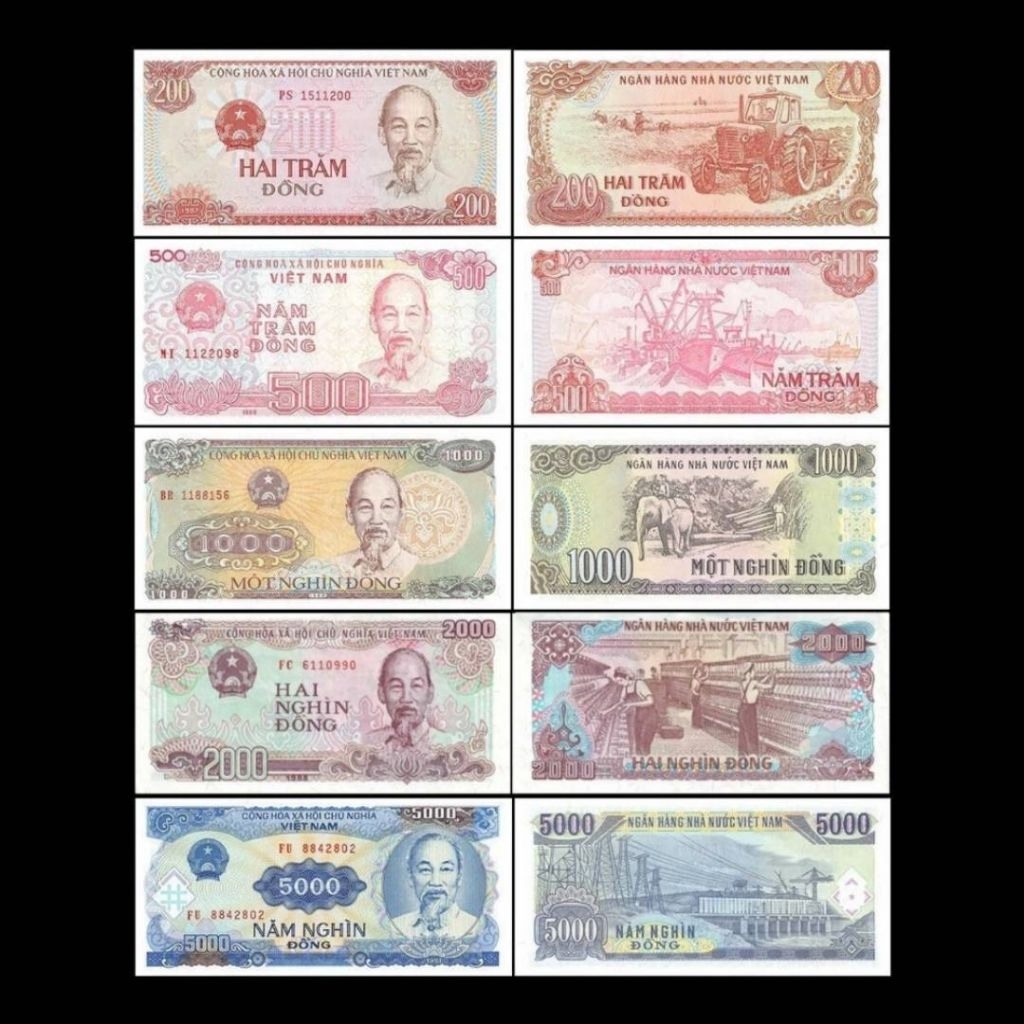 UANG VIETNAM 200 500 1000 2000 5000 DONG UNC SET 6 LEMBAR ALL ORIGINAL