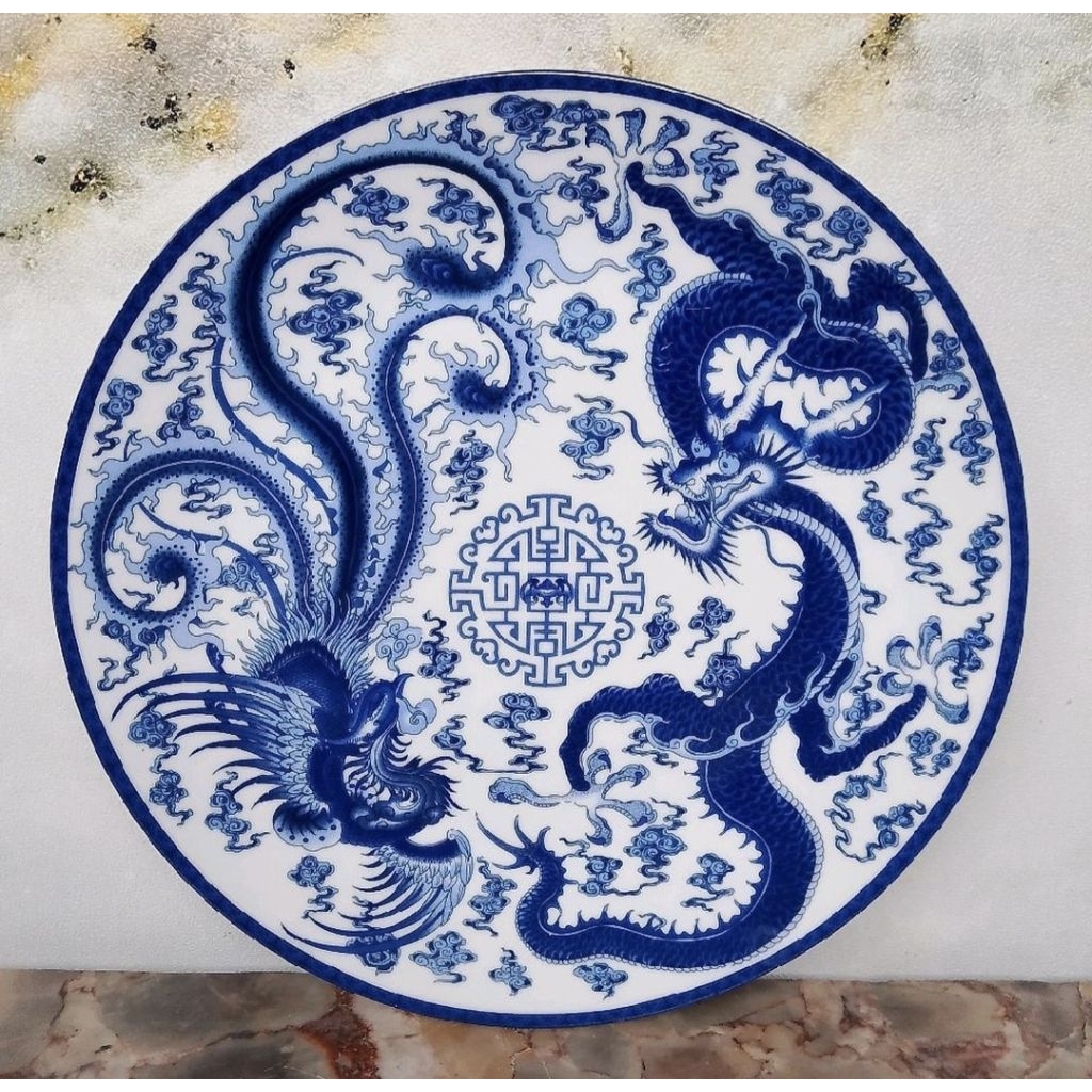 Piring keramik China motif Naga dan burung  Phoenix Pajangan Vintage