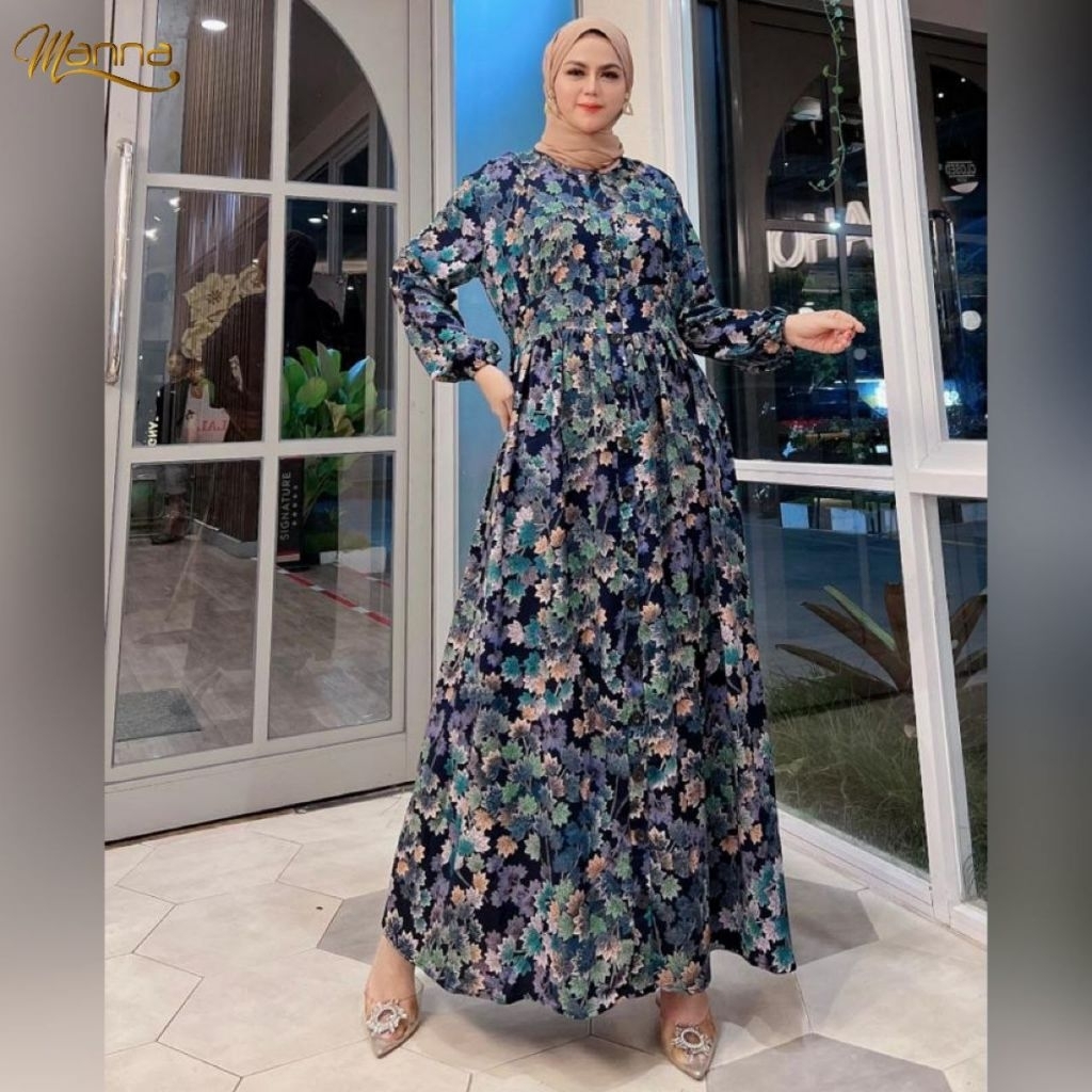Gamis Kamila Rayon Premium Motif Daun Cantik Modern Elegan