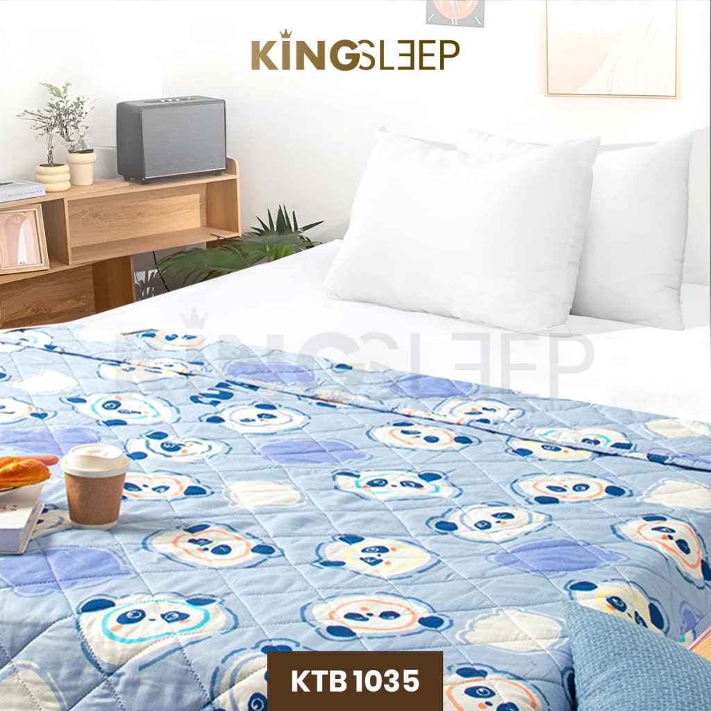 Selimut Bedcover Korean 120/160/180X200 Bahan Microtex Slimut Motif Panda Biru- King Sleep