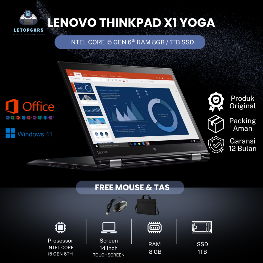 THINKPAD X1 YOGA i5 gen 6th RAM 8 SSD 256 up to 1TB NVME Bonus TAS DAN MOUSE WINDOWS 11 PRO