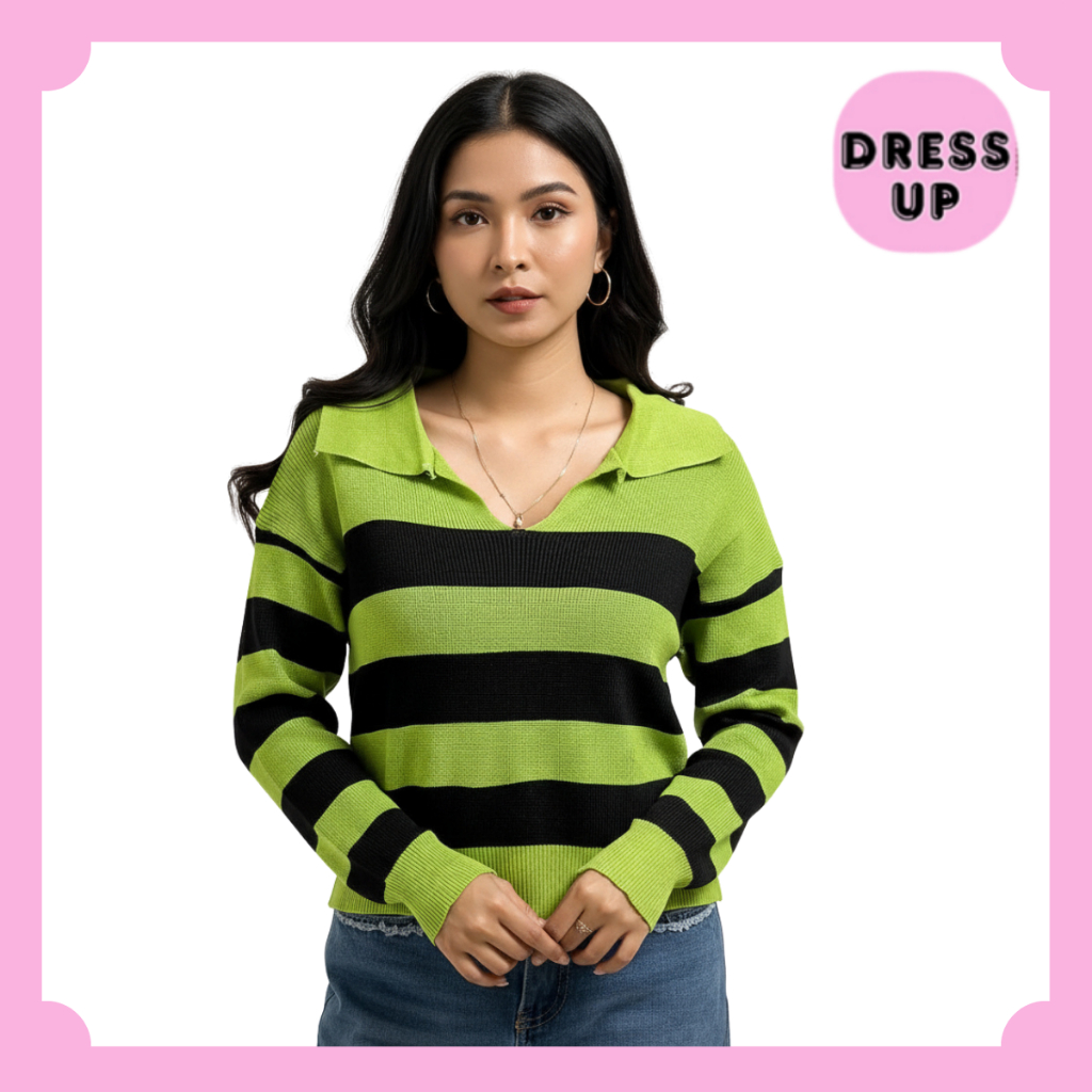 [DRESS.UP] LS003 Atasan Sweater Pullover Bergaris Lengan Panjang Wanita Oversize Knitwear