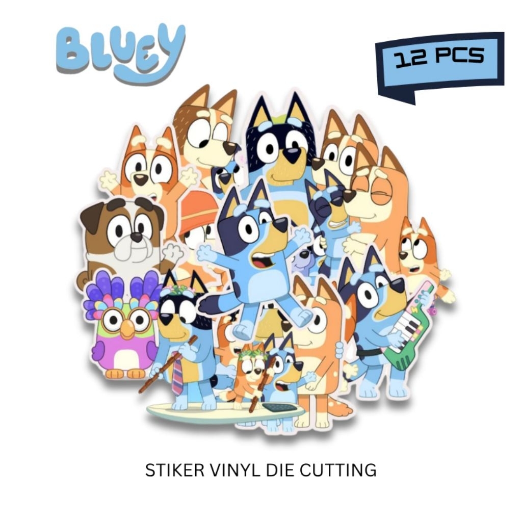 Stiker vinyl Bluey karakter kartun tahan air isi 12 pcs