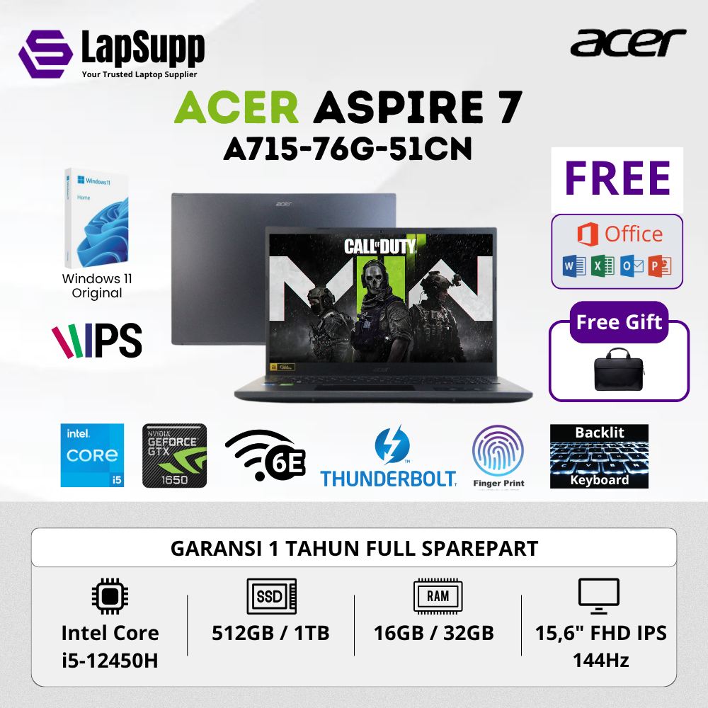 LAPTOP GAMING ACER ASPIRE 7 A715-76G-51CN CORE I5-12450H RAM 16GB SSD 512GB VGA GTX1650 (4GB GDDR6) 