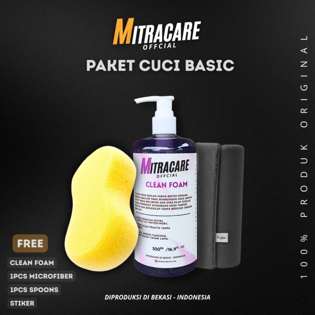 Paket Cuci Motor & Mobil Mitracare | Clean Foam Anggur 500ml, Spons Khusus, dan Lap Microfiber 420 G
