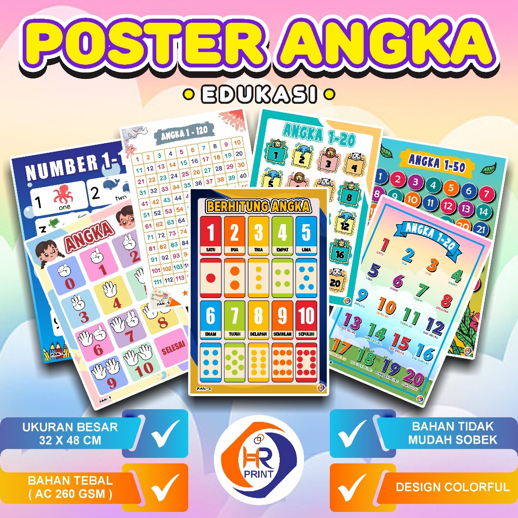 Poster Edukasi Anak - Poster Angka 1 Sampai 100 - Poster Belajar Anak Angka 1 s/d 100