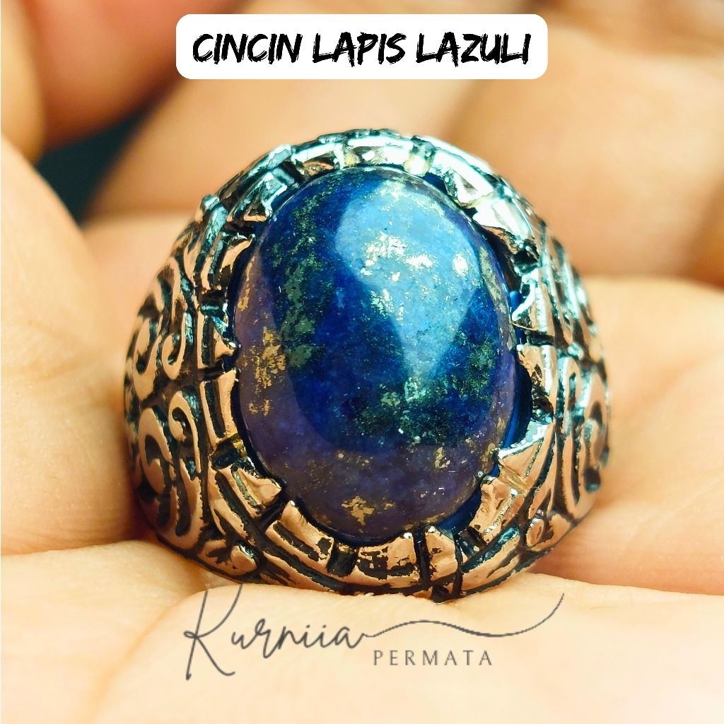 Cincin Batu Lapis Lazuli Asli Natural / Cincin Pria Elegan Rings Akik Alpaka Super Mewah
