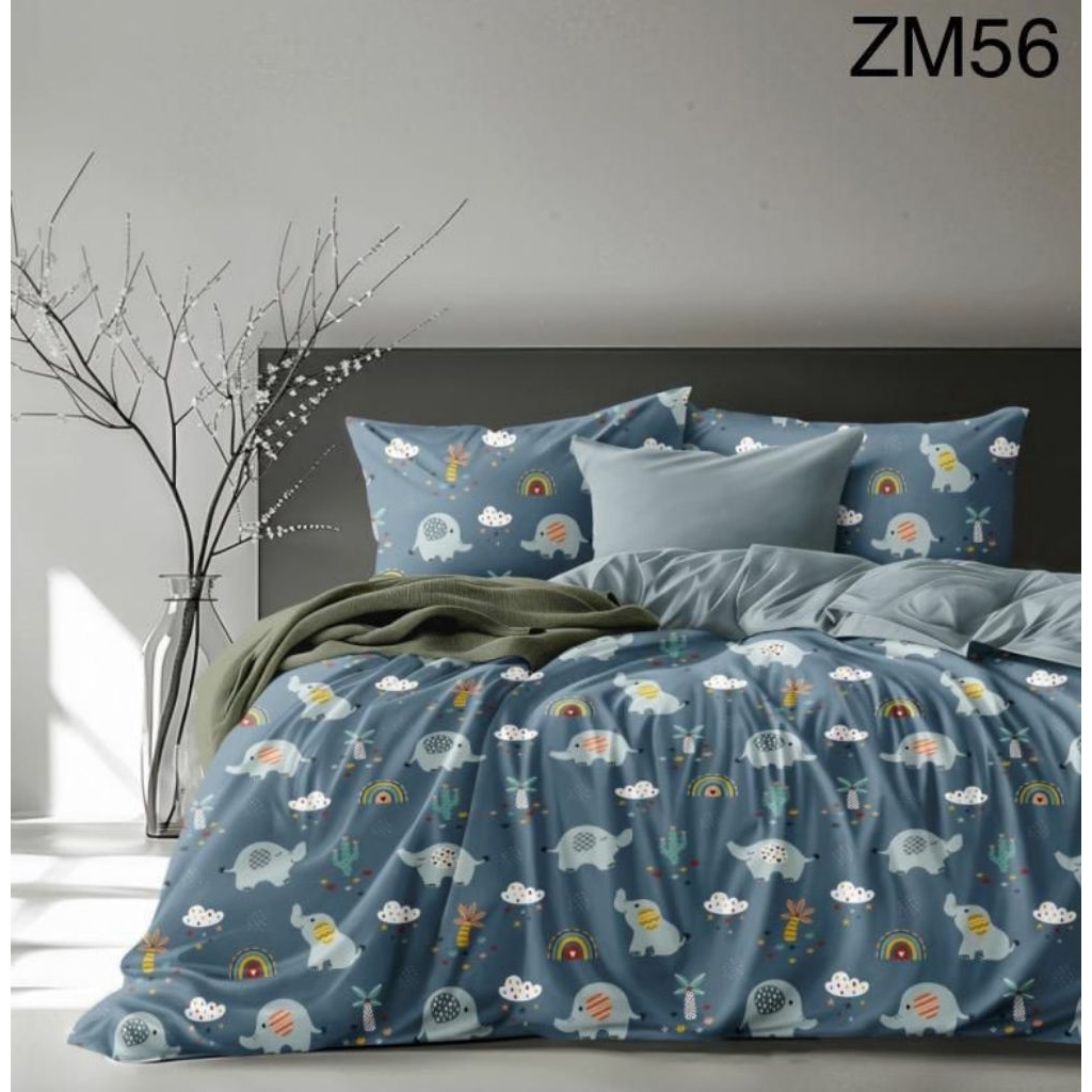 Katun Jepang, Set Sprei dan Bedcover Anti Geser dengan motif anak-anak bergambar gajah dan awan, den