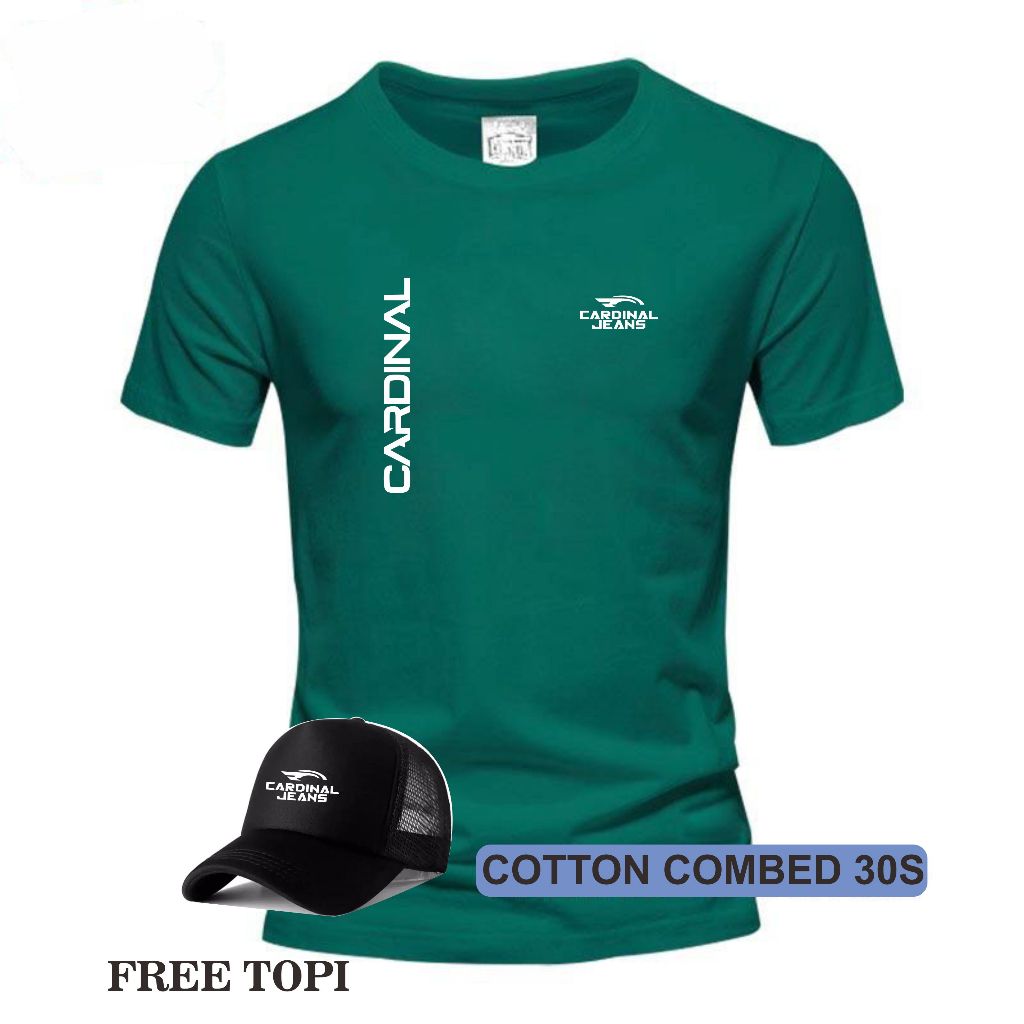 beli baju bonus topi Kaos distro cowok Cewek cardinal jeans text kiri kanan putih ( Gratis topi ) Cu