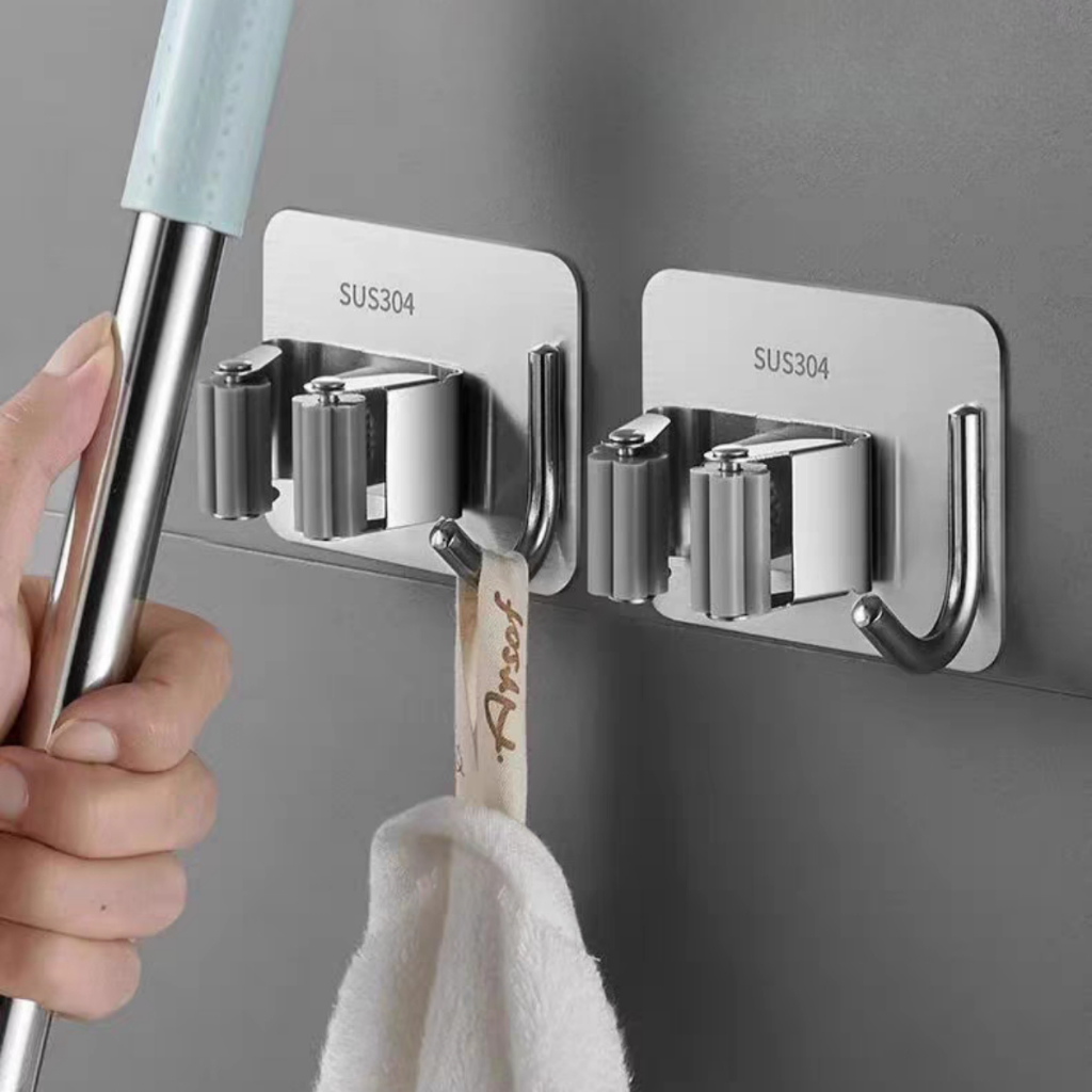 Hanger gantungan tongkat sapu pel stainless/Gantungan sapu pel tempel serbaguna with hook