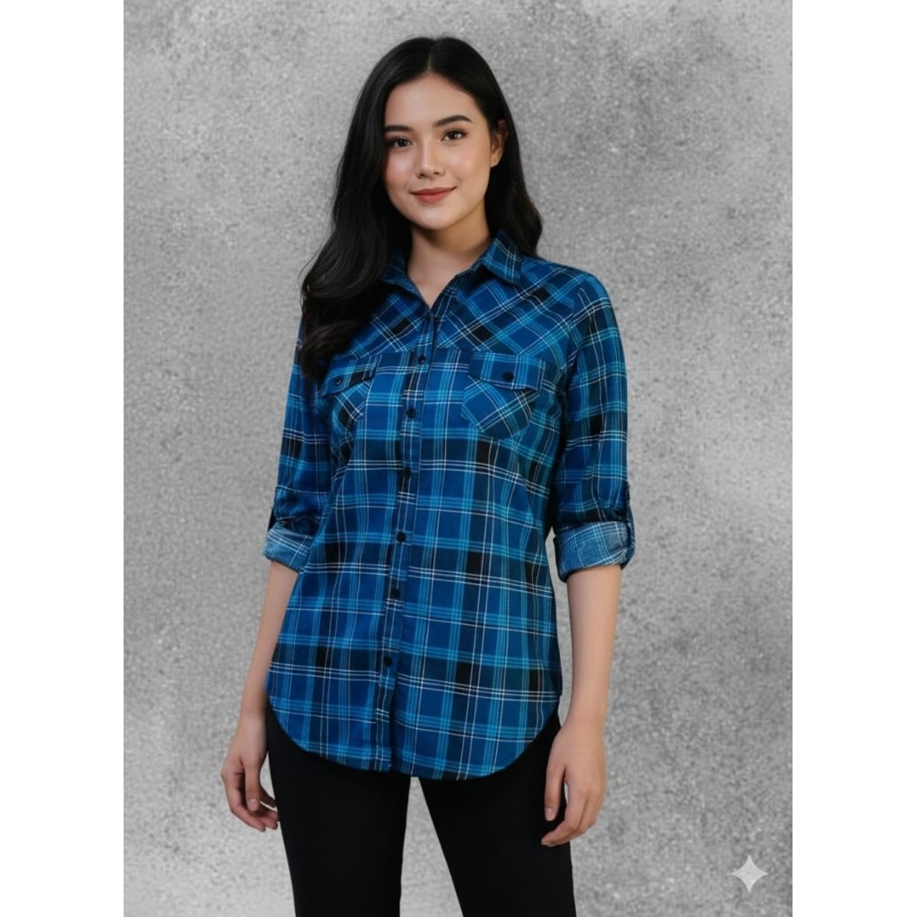 Kemeja kotak kotak katun premium wanita / atasan kotak kotak