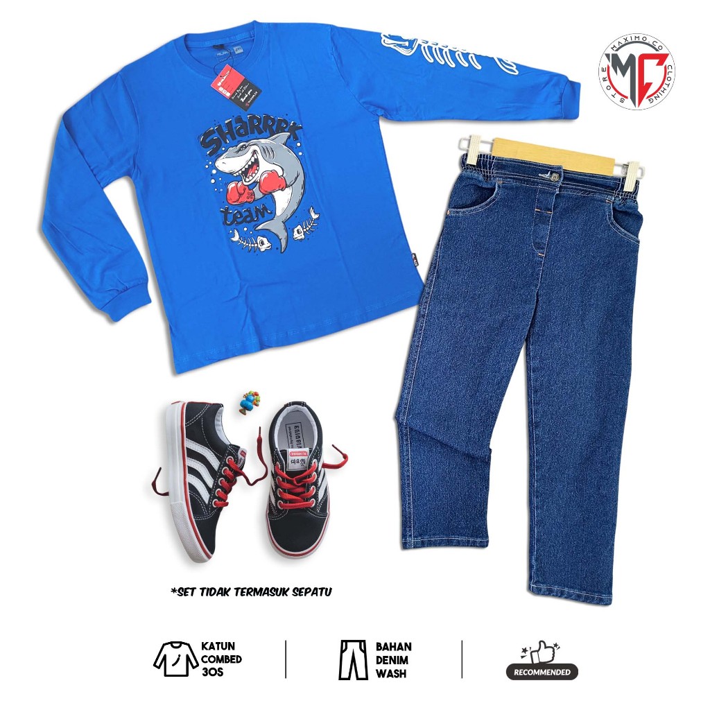 MAXIMO.CO Setelan Anak Distro Lengan Panjang Plastisol dan Celana Denim Panjang Usia 4-12 Tahun / ka