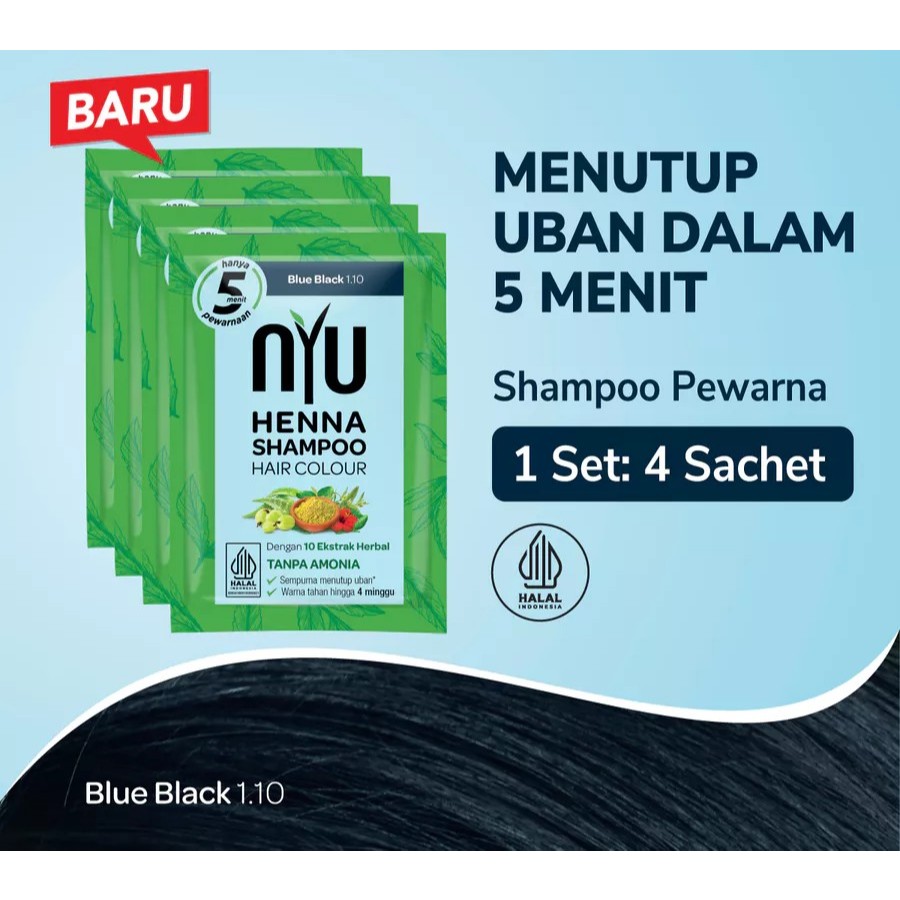 Nyu Henna Shampoo Sachet Hair Color Blue Black Paket Hemat 4 Sachet Shampo Pewarna Rambut Biru Hitam