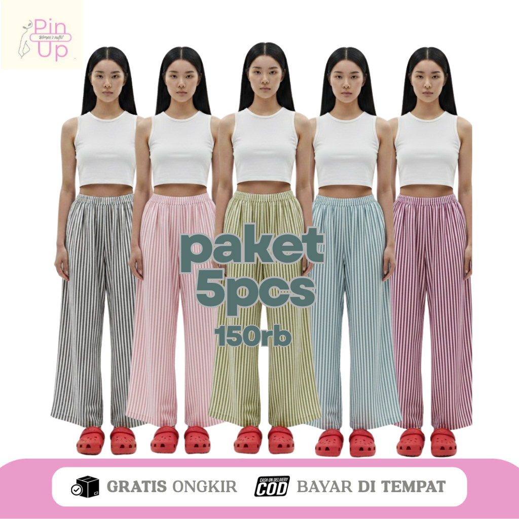 Pinupoutfit - PAKET 5PCS Celana Kulot Santai Garis Warna-Warni Loungewear Cewek Kekinian Celana Tidu