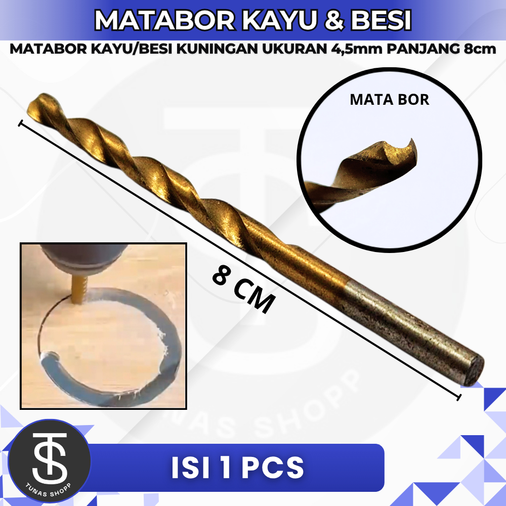 MATABOR KAYU DAN BESI WARNA KUNING UKURAN 4,5 MM PANJANG 8CM / MATA BOR KAYU & BESI 4.5MM / Mata Bor