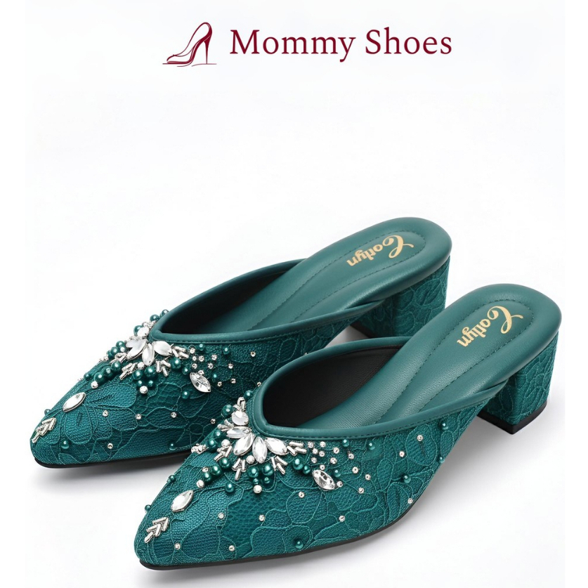 Sandal Pesta Jumbo - Wedding Shoes Wanita Payet Kristal Import Brukat Mewah Heels 3cm Size 36-45