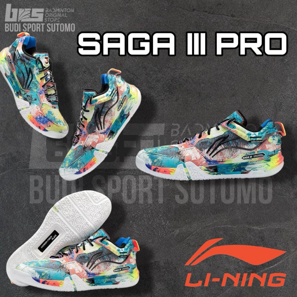 New Limited Sepatu Badminton Lining Saga III Pro / Saga 3 Pro AYAV001 Scuba Blue / Neon Roaring Flam