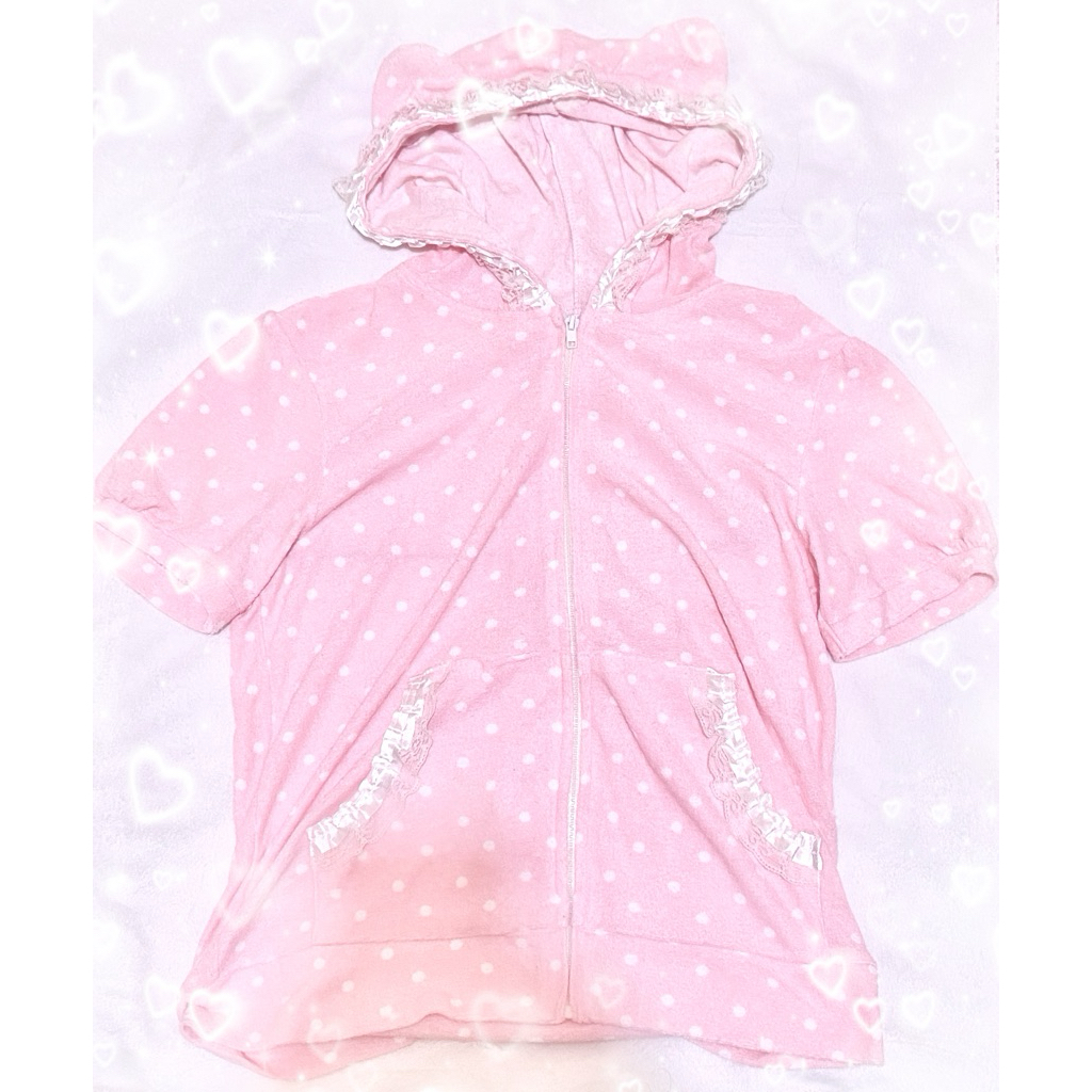 READY | ♥︎ | Sugar Doll Pink Nekomimi Cat Ears Polkadot Jacket Hoodie Short Sleeves Kawaii Coquette 