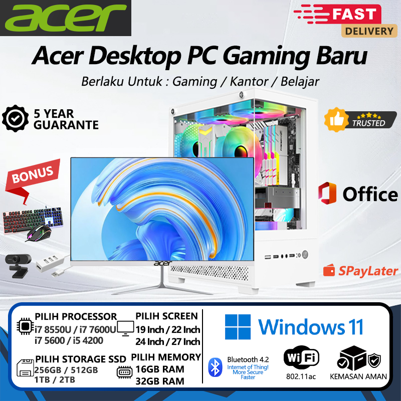 Acer Komputer PC Gaming CPU Desktop Komputer Premium Putih 19/22/24/27 Inch Monitor,Berlaku Untuk Ga