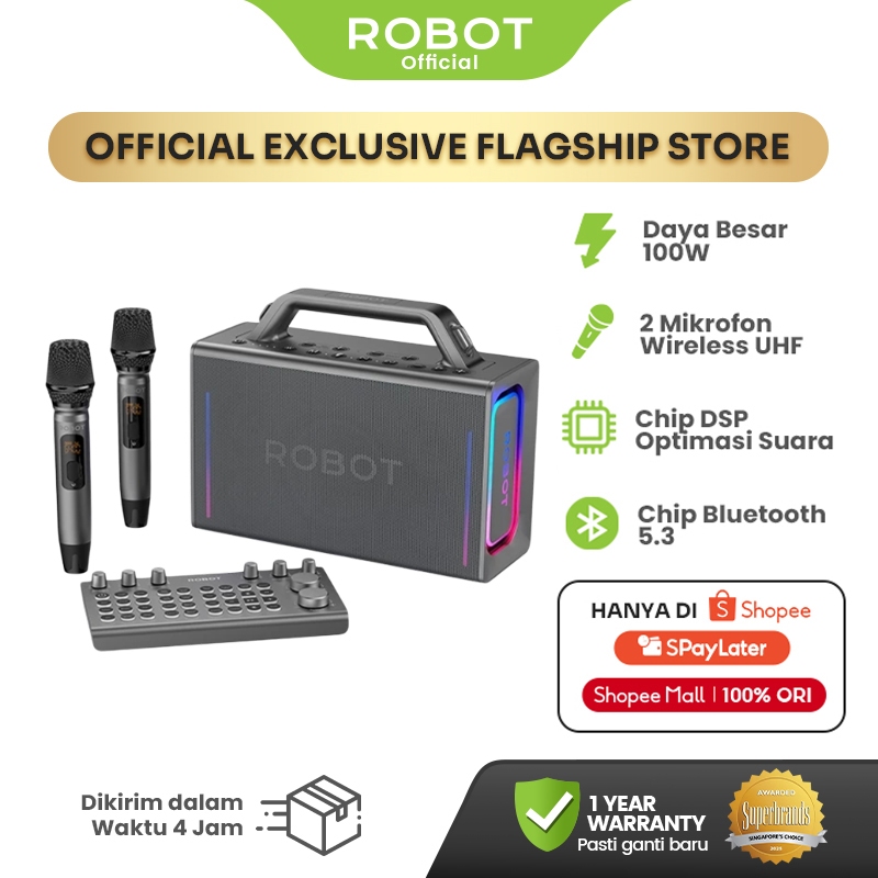 ROBOT Karaoke Speaker RB90 100W Powerfull Bass DSP Bluetooth 5.3 Dual Wireless Mic RGB Lamp Outdoor 