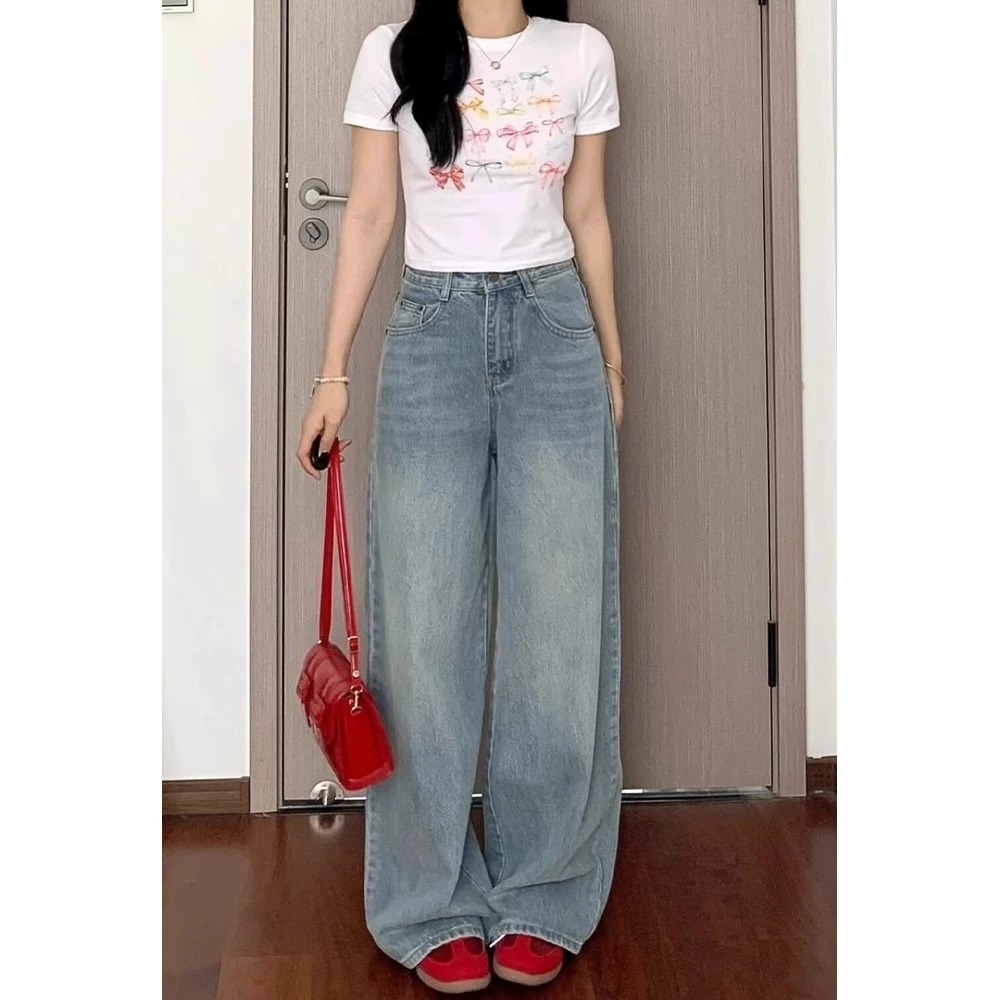 Celana levis wanita terbaru Korea Biru muda pinggang tinggi Baggy Jeans baggy baggy