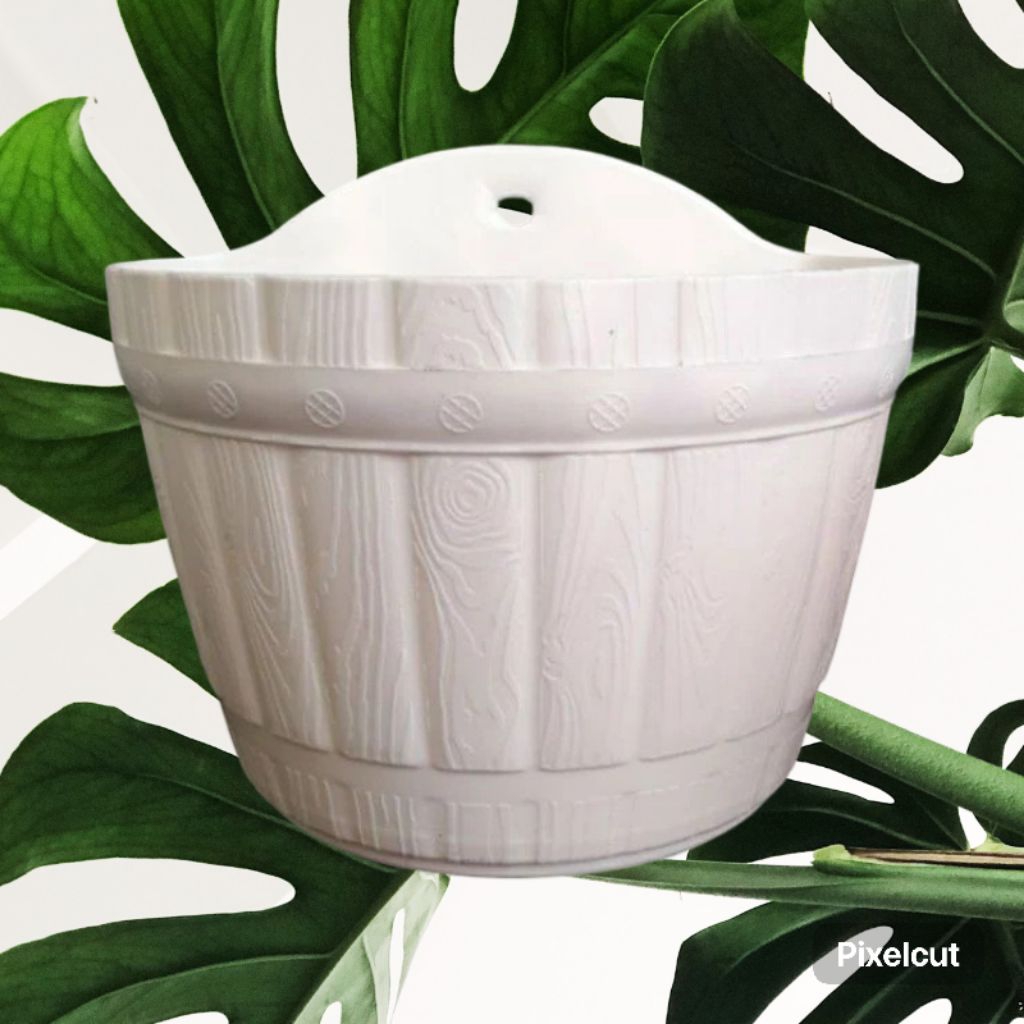 Pot tempel 18 cm putih, pot dinding motif kayu, pot tempel motif