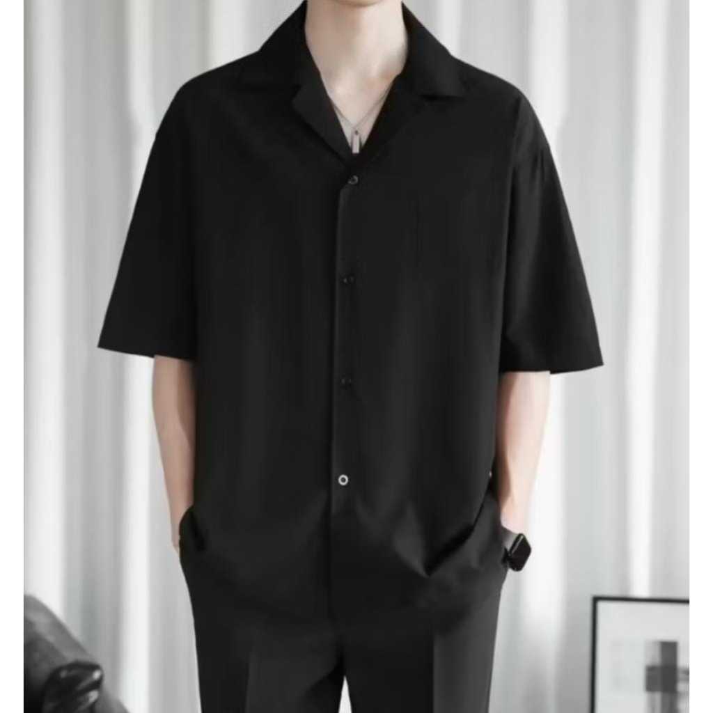 Kemeja polos Pria Lengan Pendek Jumbo Slimfit Premium Distro Atasan Hem Cowok Hitam Kemeja kantor