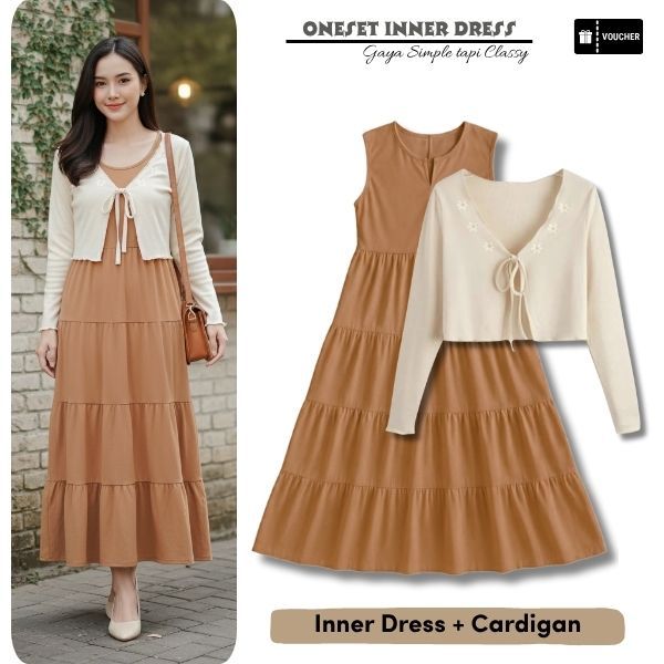 Outfit Korean Style Kekinian | Cardigan + Inner Dress + Hijab |Douyin Outfit One Set Wanita kekinian