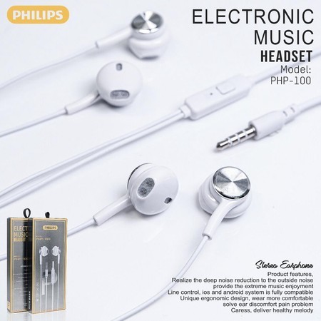 Headset Kabel Philips PHP-100 Original 3.5mm – Suara Super Bass & Jernih | Earphone Universal HP