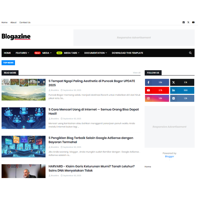 Tema Blogger Blogspot Profesional BLOGAZINE | Desain Elegan | Support Adsense