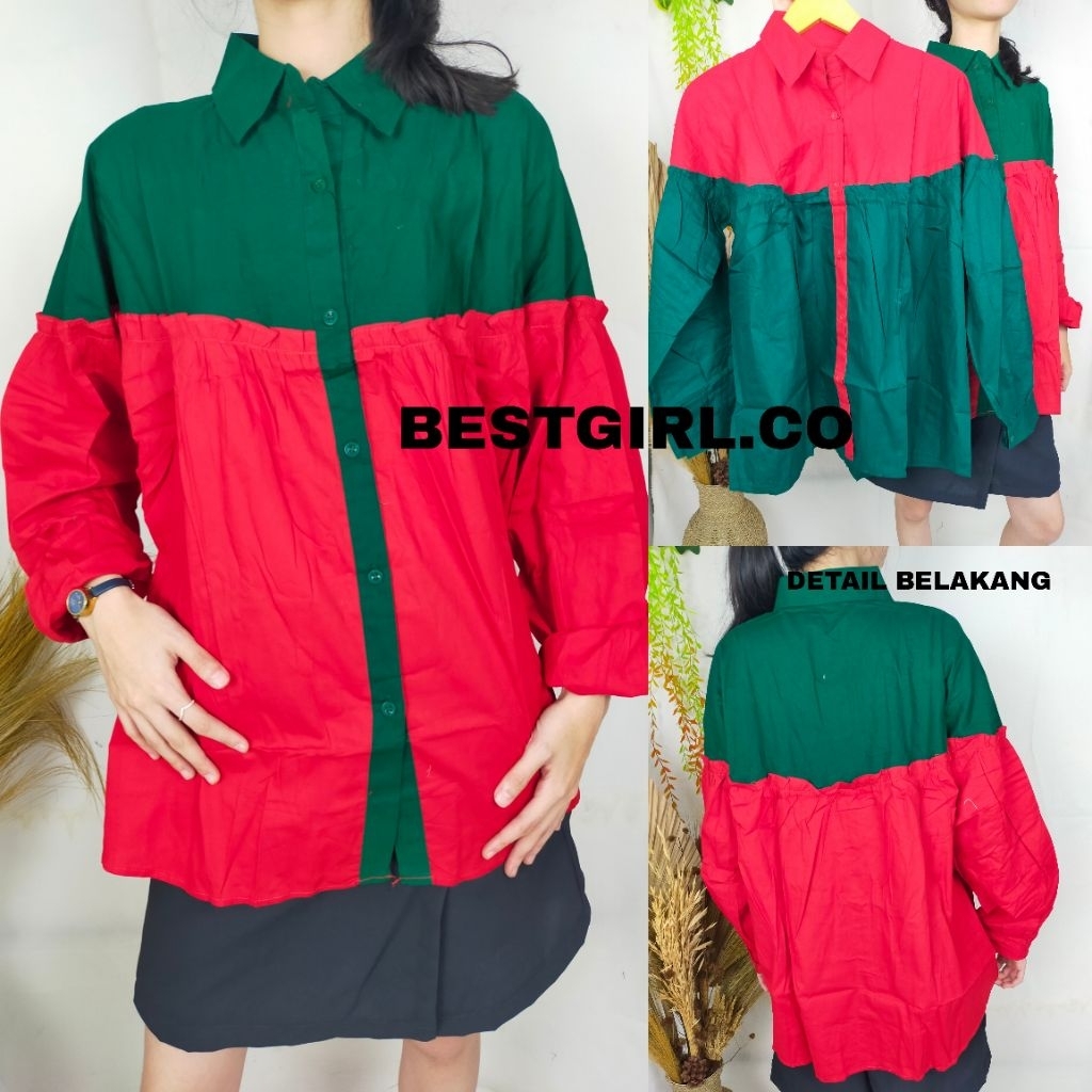 BESTGIRL KEMEJA BLOUSE WANITA KANCING RUFFLE MERAH HIJAU/KEMEJA BLOUSE NATAL