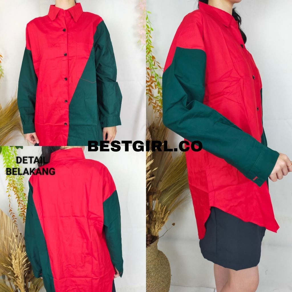 BESTGIRL KEMEJA BLOUSE WANITA OVERSIZED BAHAN KATUN POPLIN/ATASAN WANITA NATAL/ATASAN KOMBINASI MERA