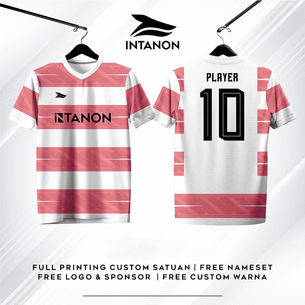 Jersey Futsal Putih Pink Garis Full Printing -  Jersey Tim Futsal Modern Elegan