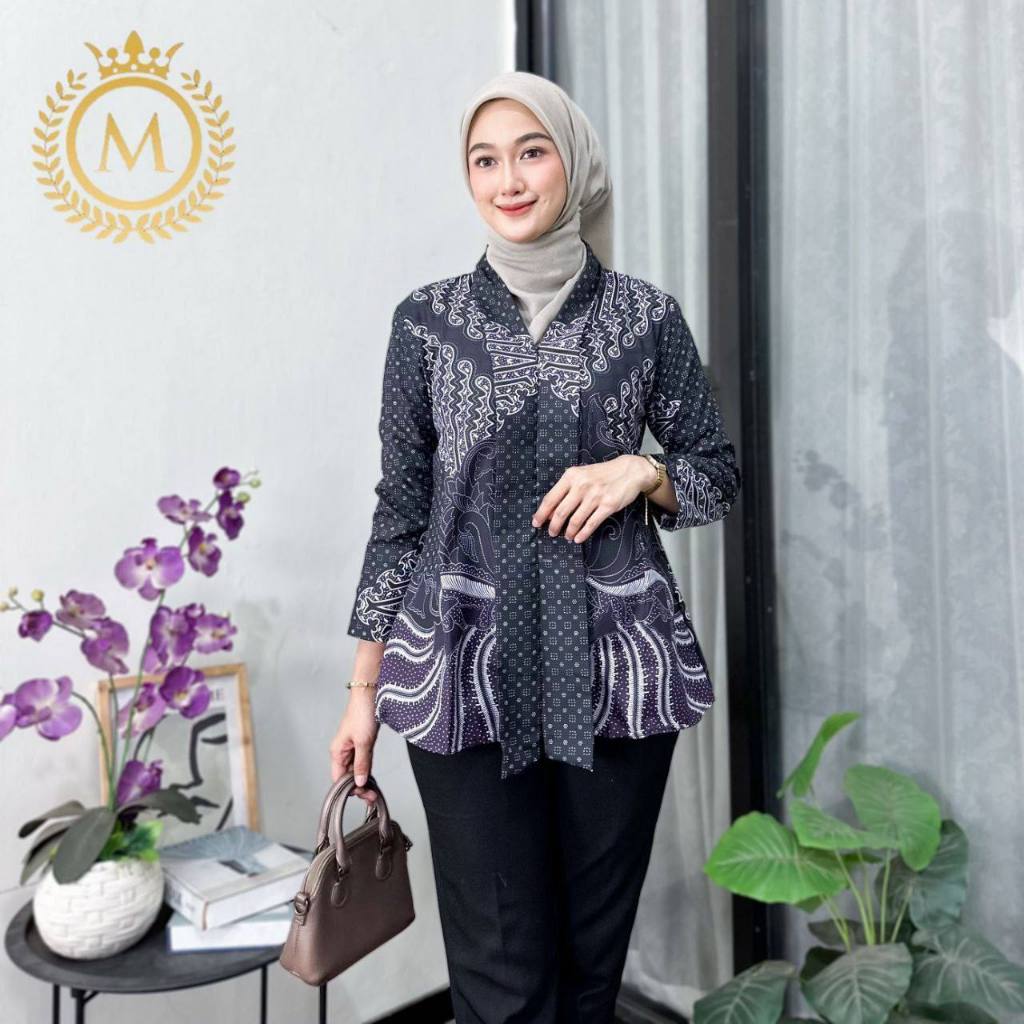 Batik Atasan Wanita Modern Baju Batik Lengan Panjang Hem Batik Lengan Pendek Motif Krispati Ungu