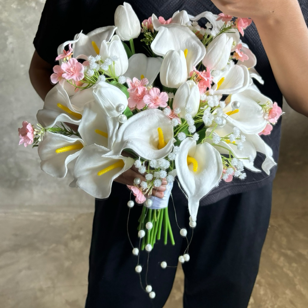 READY Calla Lily Tulip Bridal Bouquet/wedding bouquet pearl/buket bunga calla lily tulip pearl/handb