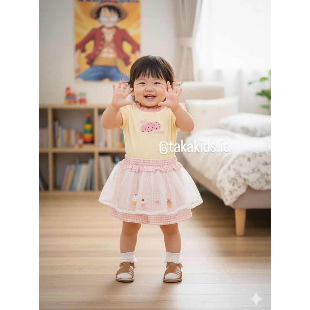 Taka Kids GS06 - Set Baju & Rok Anak Perempuan Warna Kuning Pastel | Outfit Bayi & Balita Lucu 7 Bul