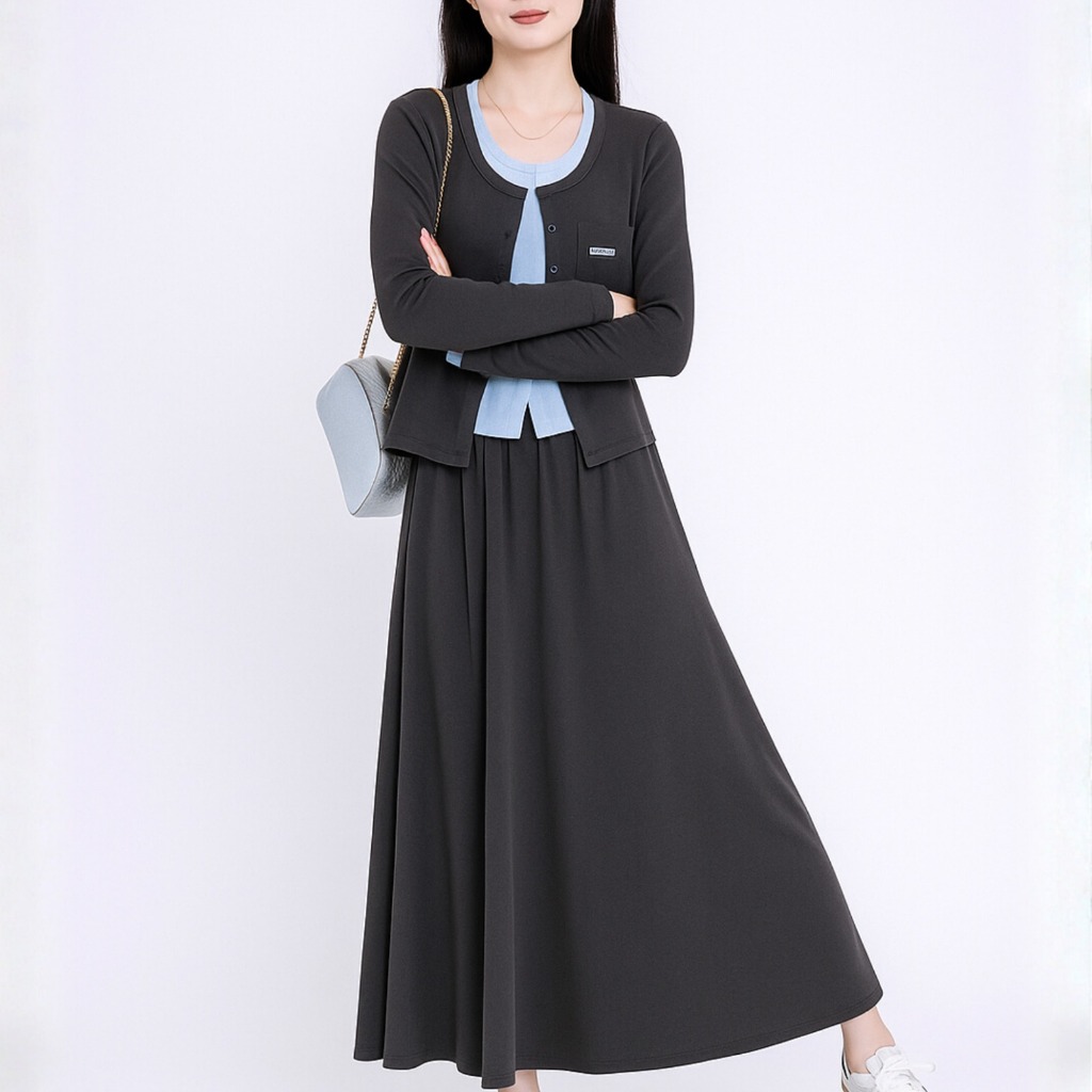 LUNORA - LEONA MODEST SET WANITA | Setelan Rok Panjang dan Cardigan Korean Casual Look Elegan Kekini