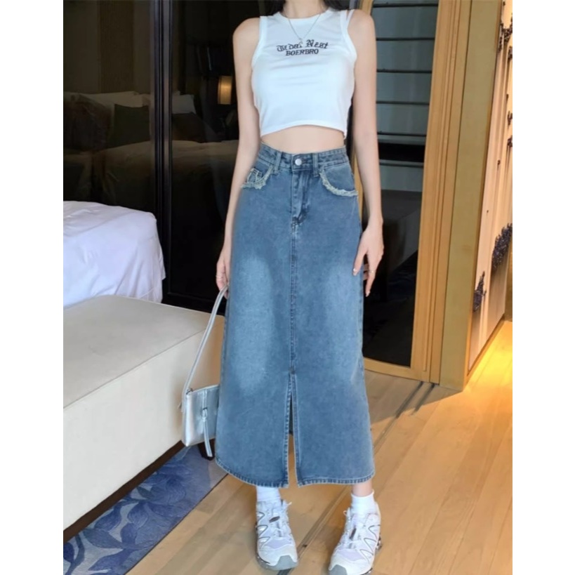Rok Jeans Wanita Panjang High Waist Slit, Nyaman Dipakai Sehari-hari dengan Desain Fashionable & Det