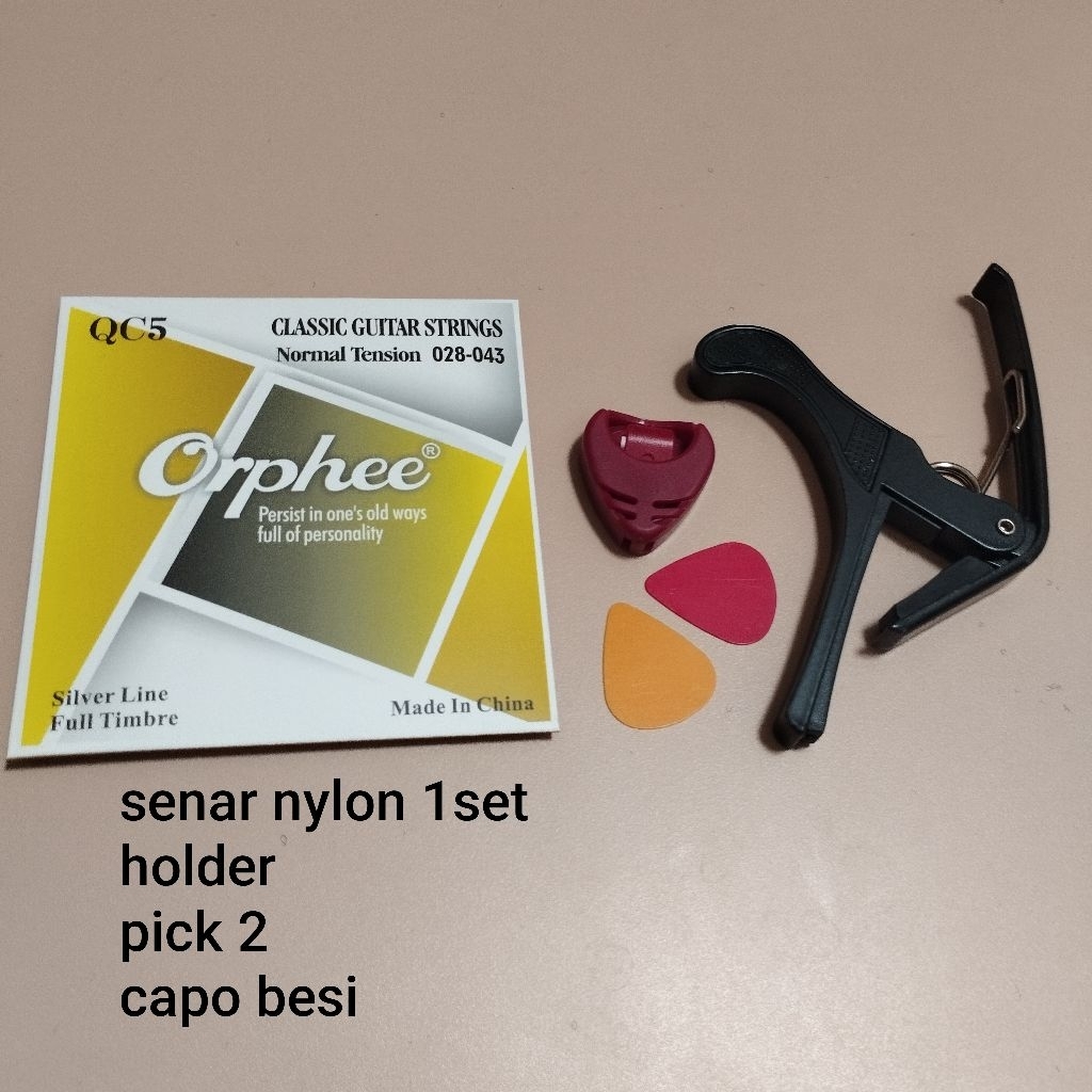 senar gitar nylon orphee capo besi pick holder