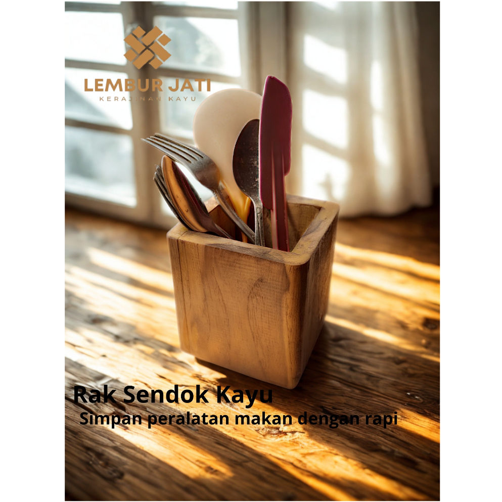 LEMBUR JATI KERAJINAN KAYU Rak Sendok Garpu Aesthetic Handmade Serbaguna - Tempat Pensil Skat Kayu M