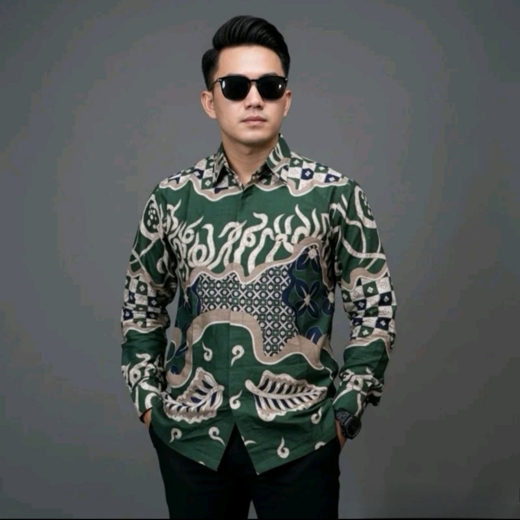 ARJUN HIJAU BOTOL kemeja batik pria lengan panjang katun prima premium lapis furing hero