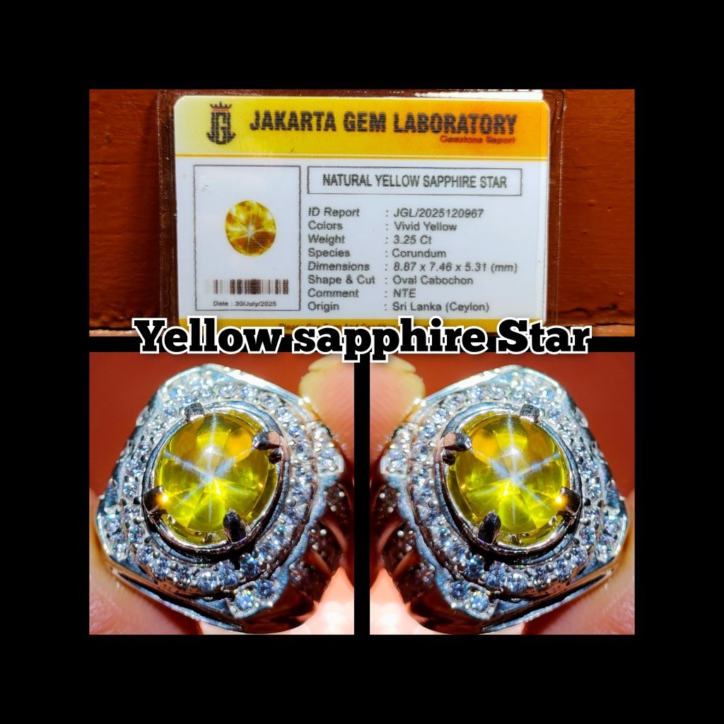 batu permata yellow sapphire Star asli Ceylon + ring perak
