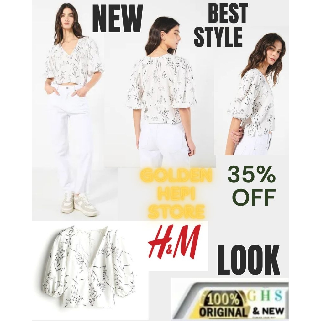 BLOUSE V-NECK  LINEN H**M CROP TOP WHITE FLORAL