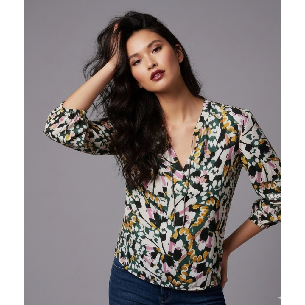 (J801) Chicos ethnic printed cross chest detailled blouse
