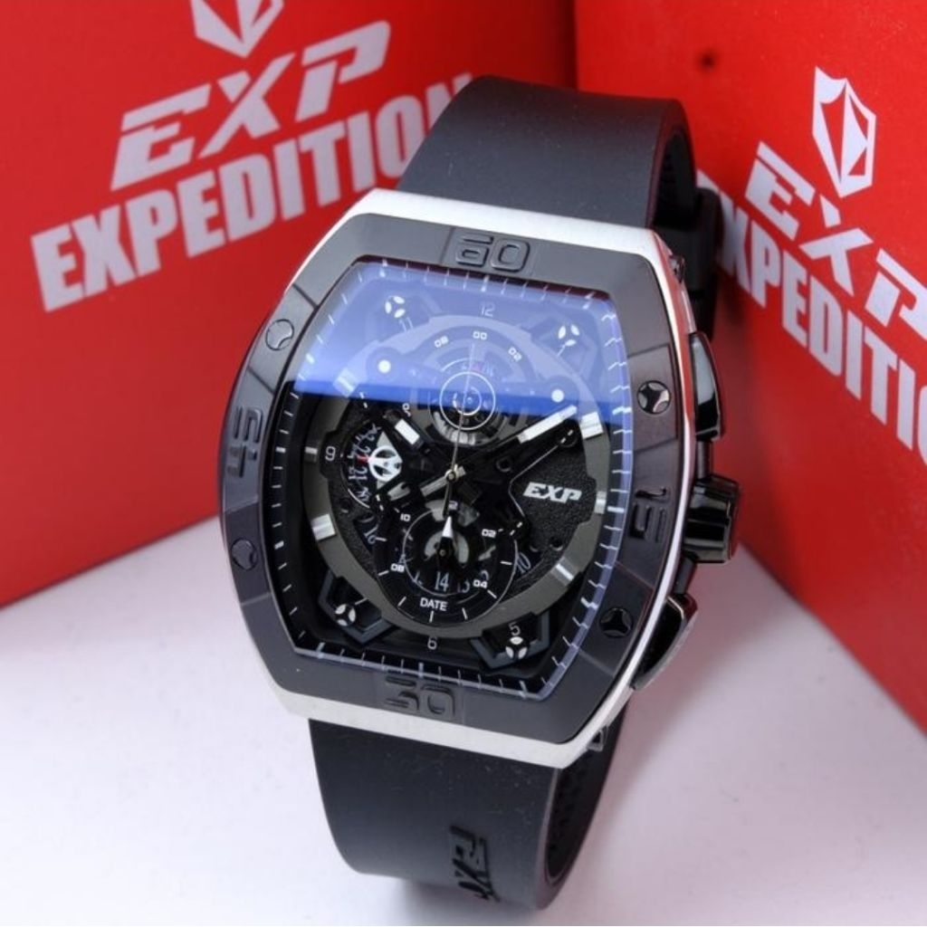 JAM TANGAN PRIA ORIGINAL EXPEDITION EXP E6800MC  SILVER BLACK RUBBER STRAP