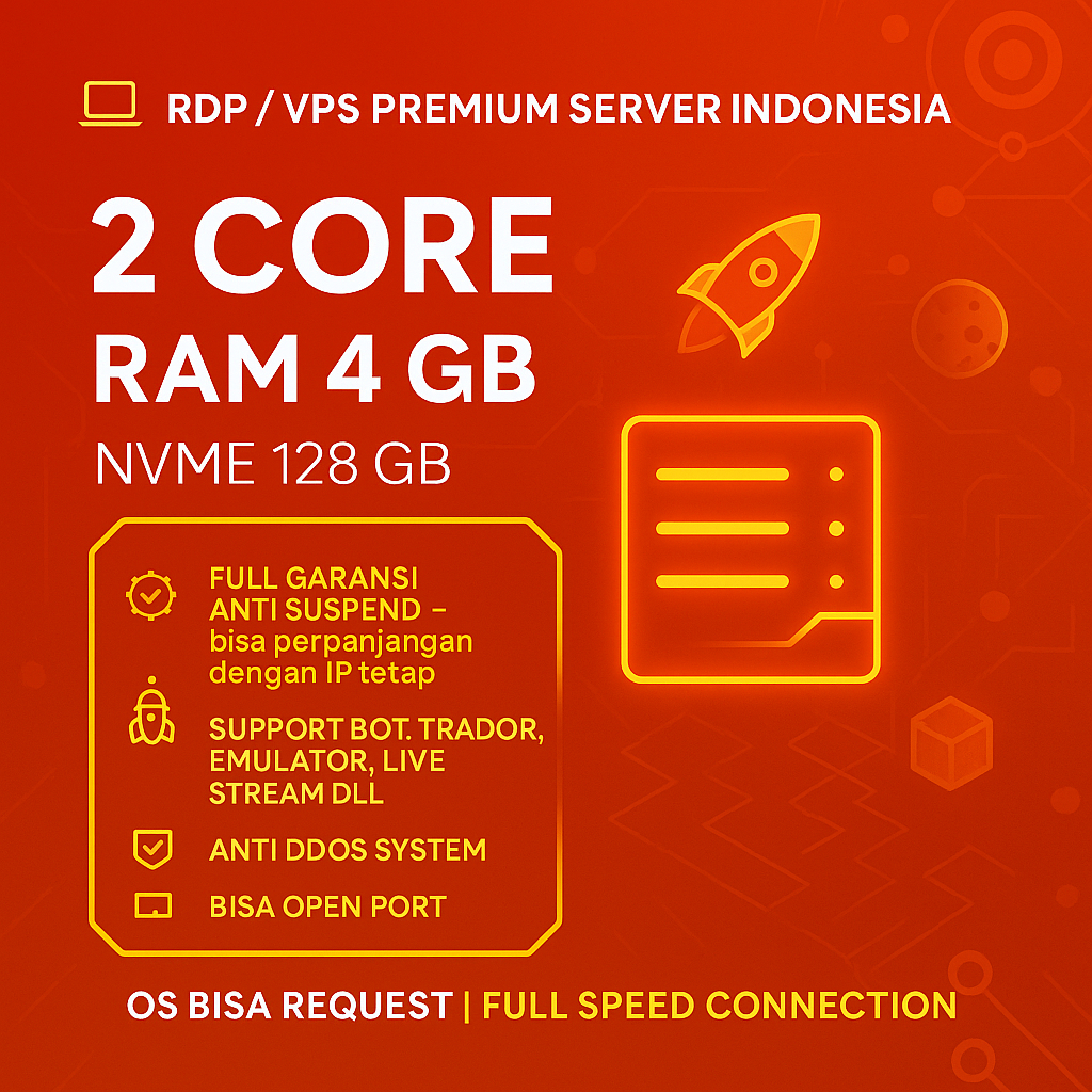 RDP / VPS Bulanan 2 Core Ram 4 GB Windows / LINUX Full Admin Bergaransi RDP Legal Resmi Anti Suspend