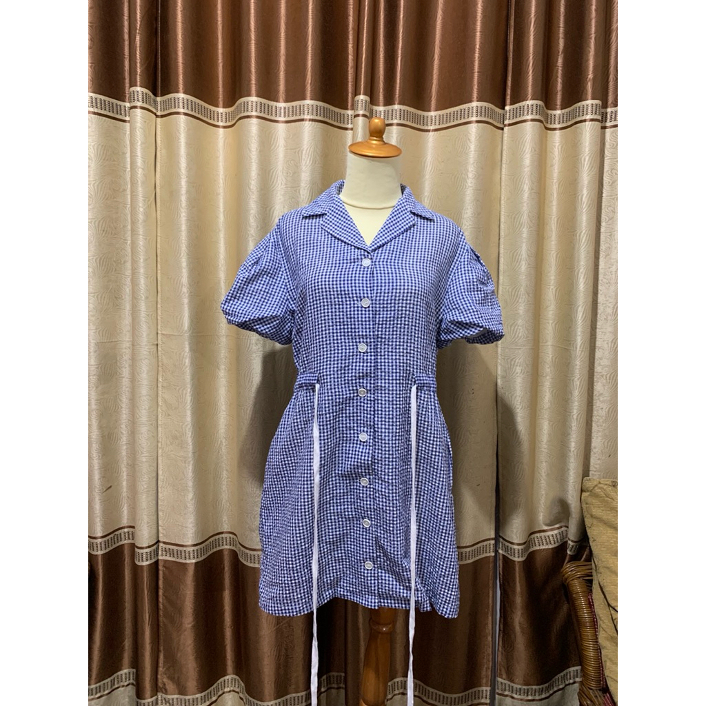 Dress Natal Lengan Balon Motif Kotak-kotak Biru