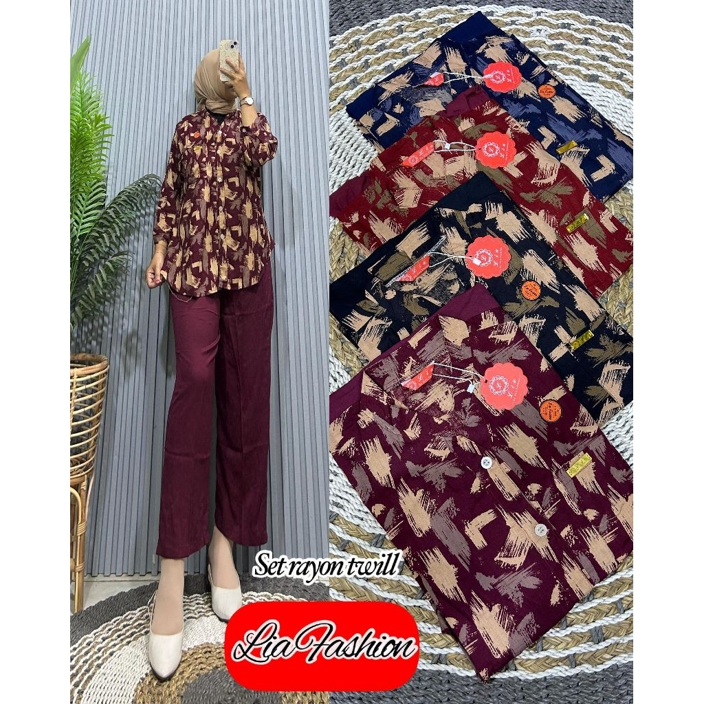 SETELAN  RAYON KOMBINASI TWILL MOTIF KOTAK ABSTRAK LIA FASHION